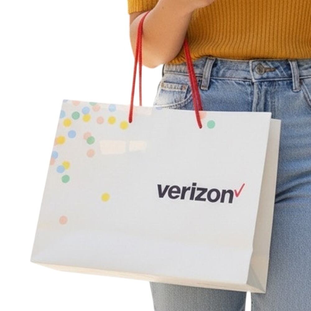 Verizon Paper Shopping Gift‎ Bag 13x9.5x4.5 Red Handles Confetti Design Logo